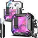 R-fun for AirPods 4 Case with Cleaning Kit,Carbon Fiber Elements Military Drop Proof Auto Pop up Cover, Phone Stand and Magnetic Base with Carabiner Hook Compatible with AirPods 4th Gen 2024,Starry