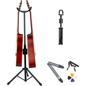 Double Guitar Stand, Portable Tripod Adjustable 2 Guitar Stand Floor for Acoustic, Bass & Electric. Dual Folding Stand for Banjo with Strap & Picks, Adjusts from 24.8" to 43.3"
