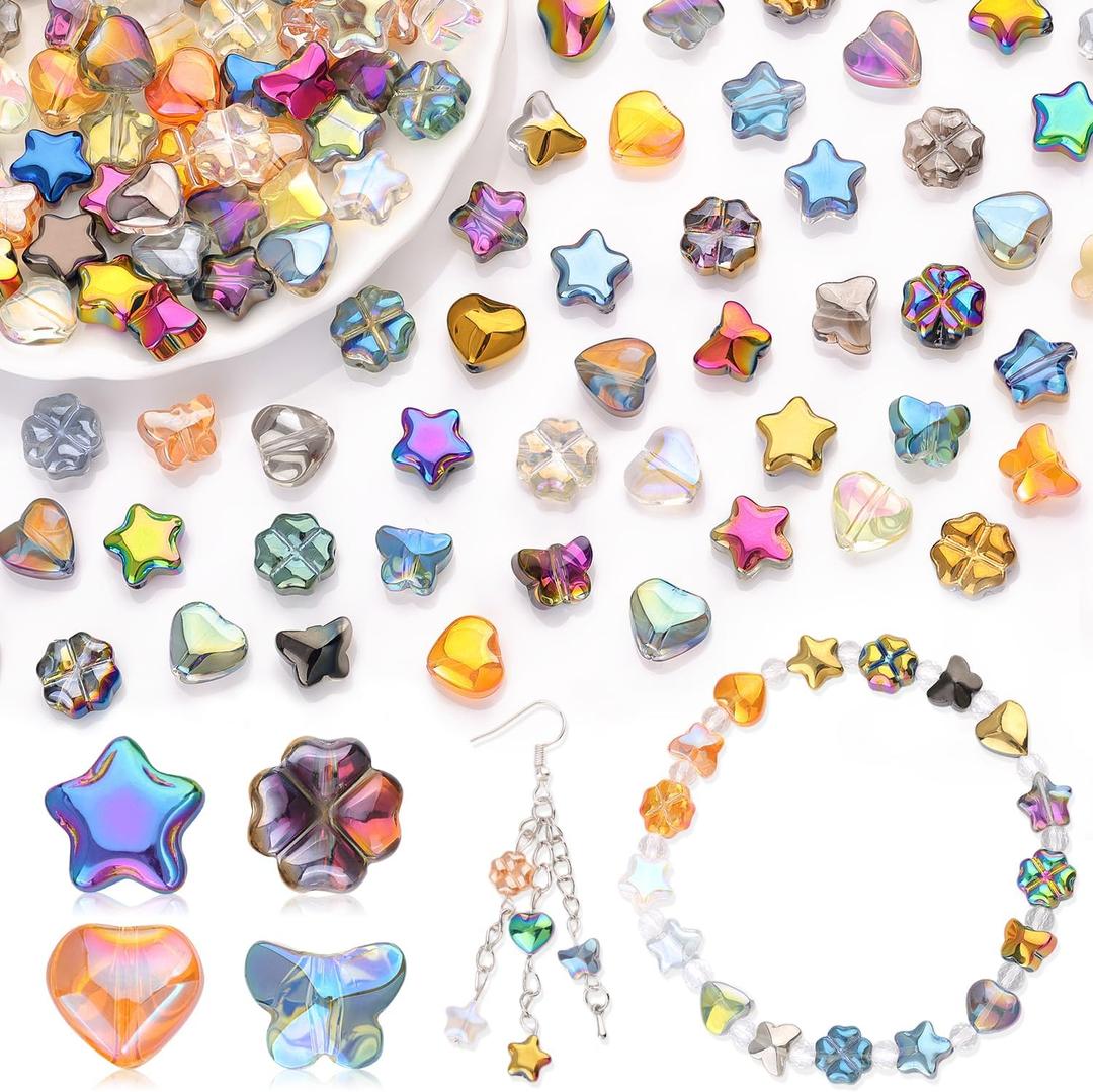 200PCS 8MM Bedazzling Irisedent Glass Beads,Star Heart Butterfly Flower Beads,Fancy Shine Mixed Colors Loose Beads for Necklace Bracelet Earring Jewelry Making, Cute Spacer Beads for Crafting & DIY