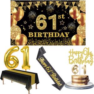 61st Birthday Decorations Men Women with 61st Birthday Banner, Black and Gold Table Cloth, Number Balloons, Large Sash, Cake Topper and Candles