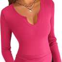 Zeagoo Womens Long Sleeve Shirts V-Neck Rib Knit Slim Fit Tops Casual Stretch Basic Tee Going Out Top Fall Fashion 2025 (Pink, M)