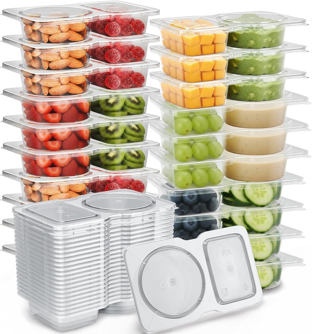 QCQHDU Snack Containers with Lids, 4.4 oz Small Plastic Snack Boxes 2 Compartments for Portion Control and Meal Prep Lunch Food Sauce Containers for On-the-Go Meal, Camping, Travel, Office, 30 Sets