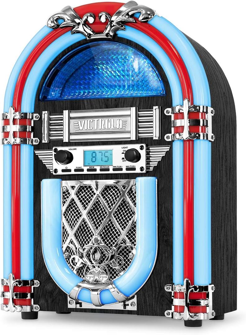 Victrola Redding Tabletop Bluetooth Jukebox with Built-In Speaker, 3.5mm Aux and RCA Output, Classic 50's Retro Design, Color-Changing LED Light, AM/FM Radio, Wireless Music Streaming