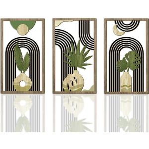 Bnesi 3 Piece Abstract Boho Wall Art Decor Minimalist Modern Wooden Wall Art Mid-Century Modern Wall Art Set of 3 Wall Decor for Living Room Bedroom Bathroom Kitchen (Natural, Medium)