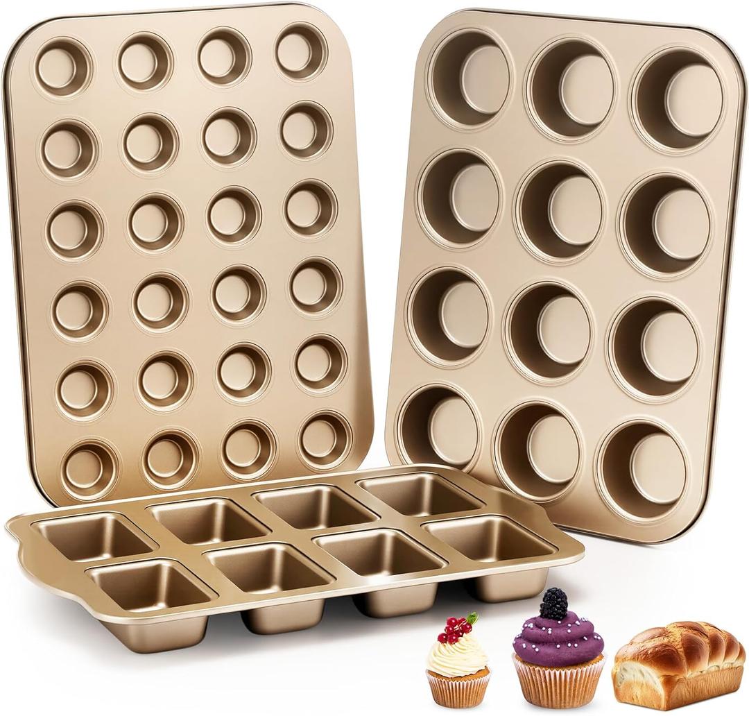 Honeydak 3 Pack Mini Muffin Pan Cupcake Baking Pan 8 cavity,12 cup and 24 cup Nonstick Round Muffin Tin Baking Tray Set for Brownie, Carbon Steel(Gold)(Gold)