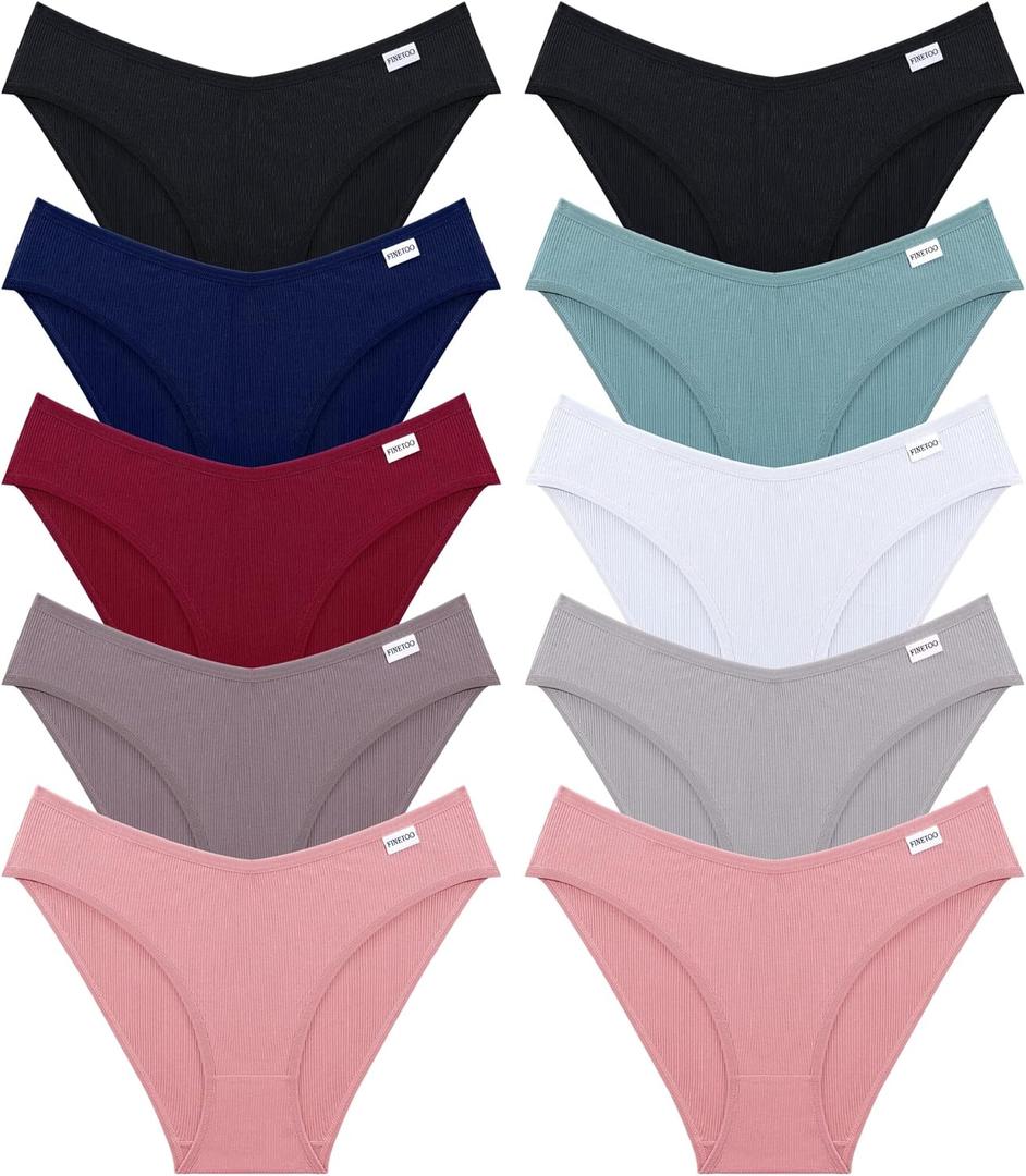 FINETOO Womens Underwear Cotton Bikini Rib Cheeky Panties Sexy V-shaped Waistband Hipster (Medium-Large, Color A(10 Pack))