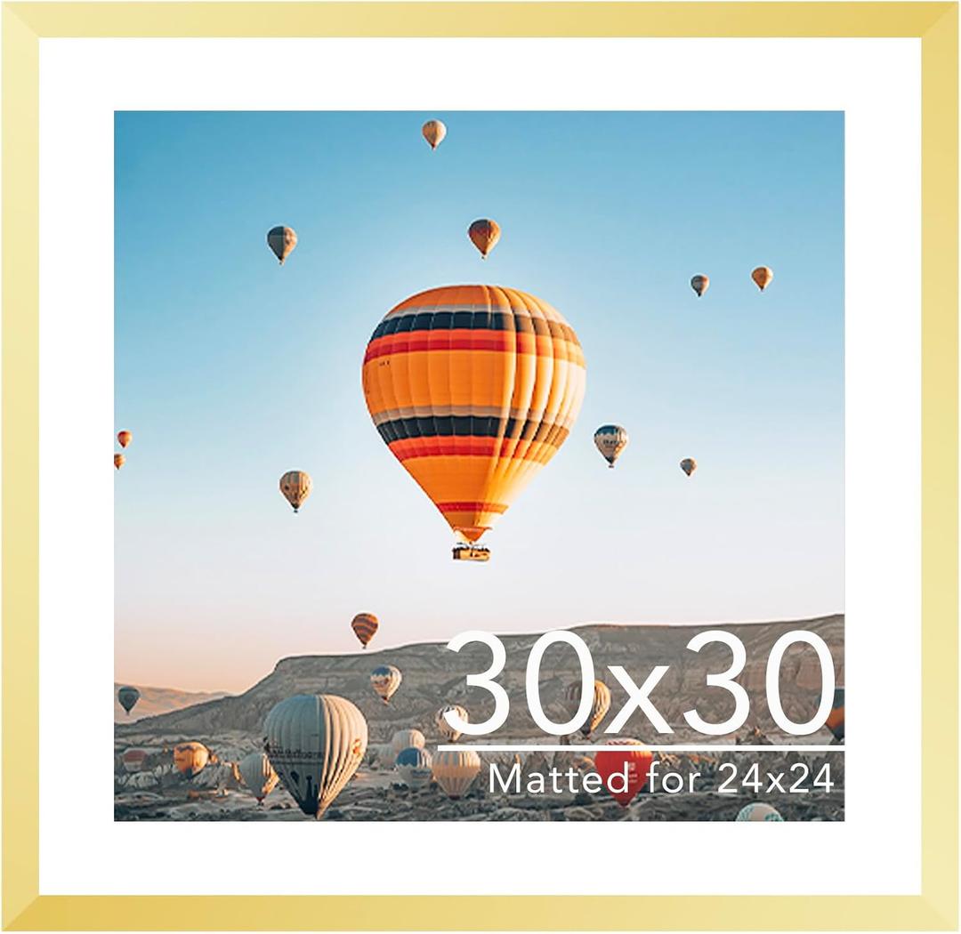 30x30 Picture Frame Gold with 24x24 Mat, Display Photo 24x24 with Mat or 30 x 30 Without Mat, Wall Hanging Large 30x30 Poster Frame with Shatter Resistant Plexiglass, Gold