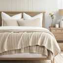 EVERGRACEHOME Stonewashed Cotton Quilt Set Full Queen Size, Ultra Soft Oversized Bedspread Coverlet Set, Lightweight Crinkle Box Stitch Bedding Sets for All Season, with 2 Shams, Flax Beige