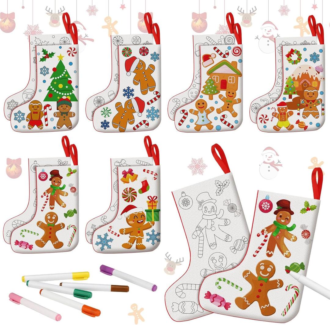 Zhanmai 12 Pcs Color Your Own Christmas Stockings with 24 Pcs Pens DIY Christmas Stocking Crafts Kit Xmas Stockings Gift for Kids Adults Family Holiday Party Decoration (Gingerbread Man)
