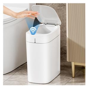 MOPALL Rechargeable Bathroom Trash Can, Motion Sensor Trash Can Automatic Touchless, White 3.5 Gallon Smart Garbage Can with Lid, Auto-Adsorption Slim Small Waste Basket for Bedroom, Bathroom, Kitchen