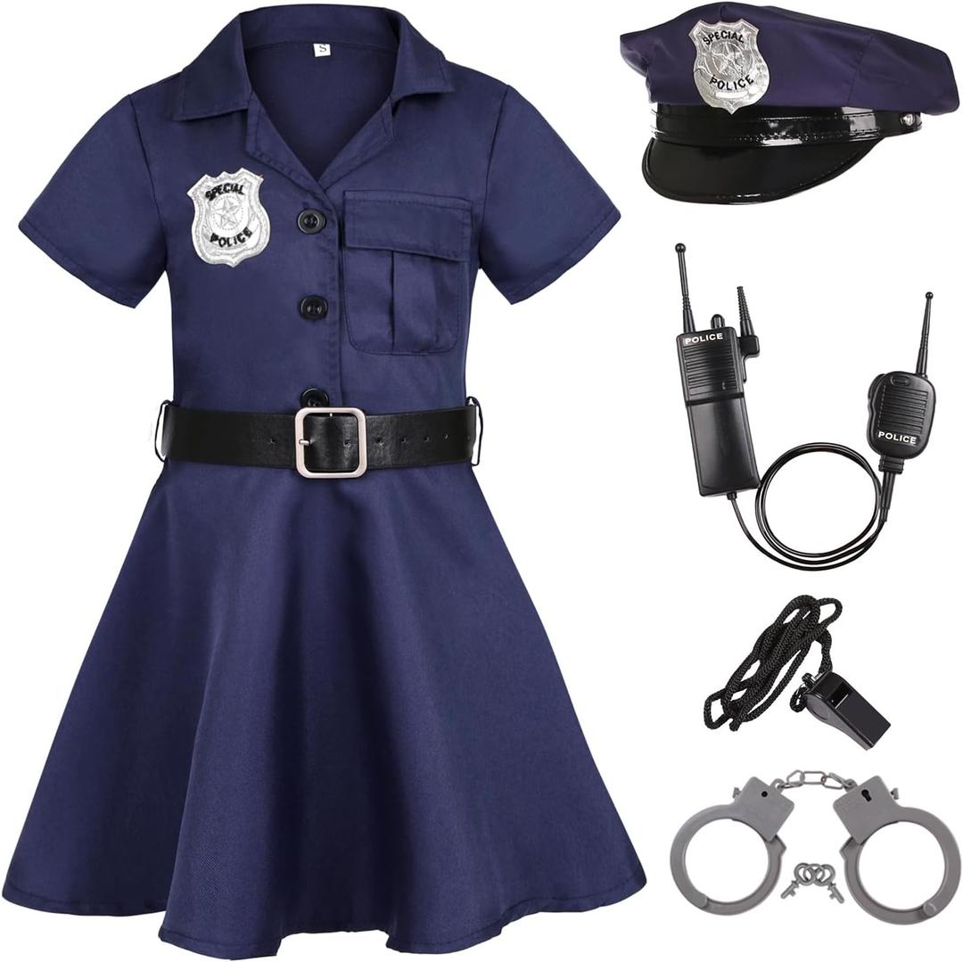 Girls Police Officer Costume Cop Outfit for Girls Cop Halloween Dress Up (9-10 Years, Blue)