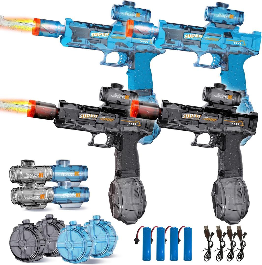 4Pcs Electric Water Gun for Adults Kids, Automatic Squirt Gun Pistol with Water Spray Sound and Led Light, Leak-Proof Rechargeable Water Guns for Summer Outdoor Pool Beach Party Toys (Black+Blue)