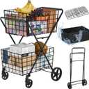 Spurgehom 2-Tier Shopping Cart for Groceries Folding Grocery Cart On Wheels with Removable Double Baskets 360 Rolling Utility Cart with Oxford Cloth Liner, Black (Extra Large)