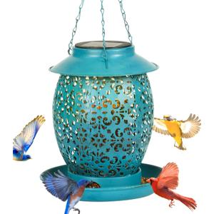 Solar Bird Feeder for Outdoors Hanging, Waterproof Metal Outside Wild Bird Feeders, Cardinals Birdfeeder, Gifts for Bird Lovers, Lantern Light, Backyard Garden Decor (Blue)