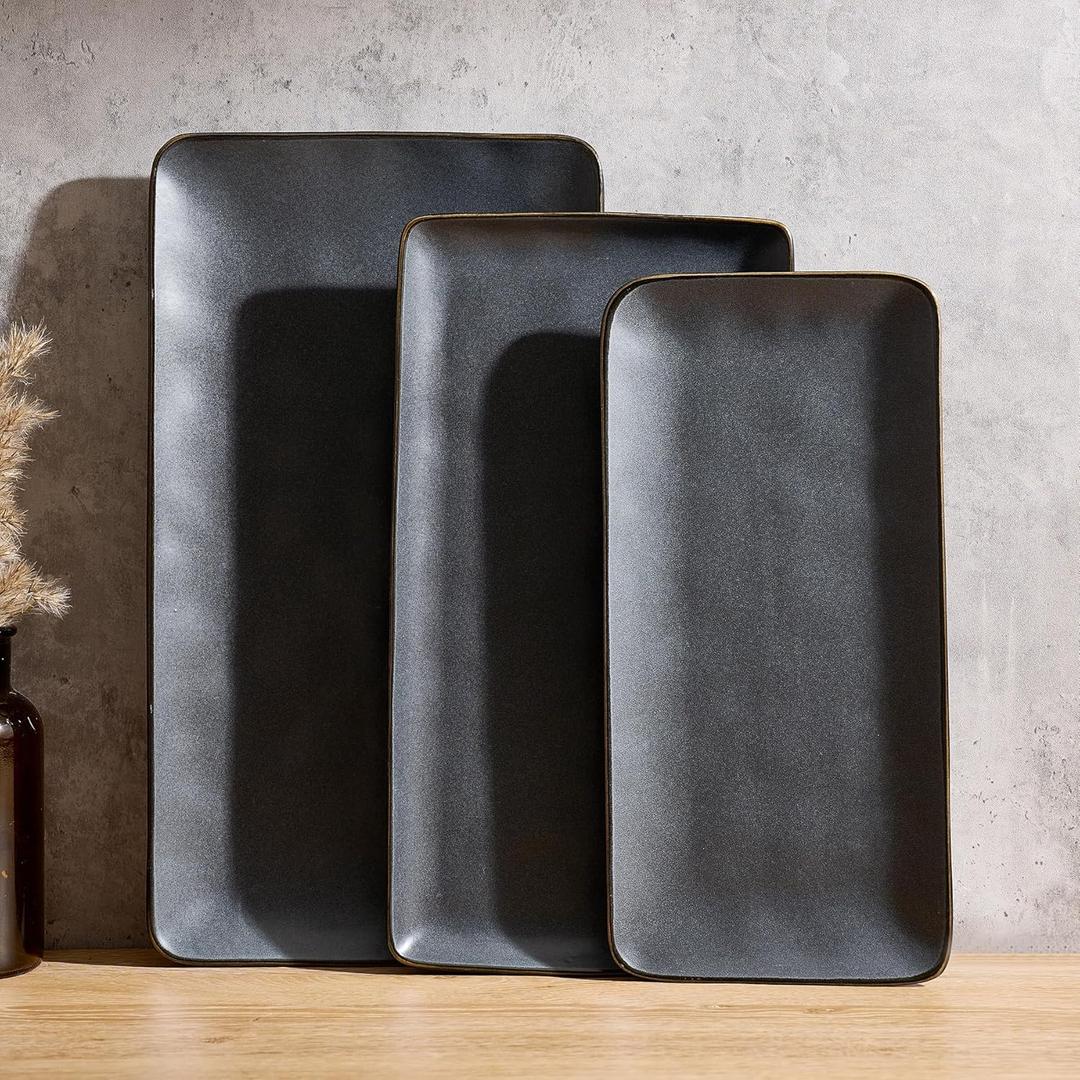 Famiware Serving Platter, Rectangular 15.67/14.1/12.6inch Serving Dishes for Entertaining, Dishwasher Safe, Stoneware Serving Trays for Party, Food, Turkey, Cheese, Reactive Glaze, Matte Dark Charcoal