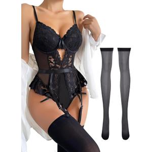 Lilosy Sexy Stocking Lace Mesh Bodysuit Top Underwire Garter Lingerie Set 3 Piece (Medium, Black)