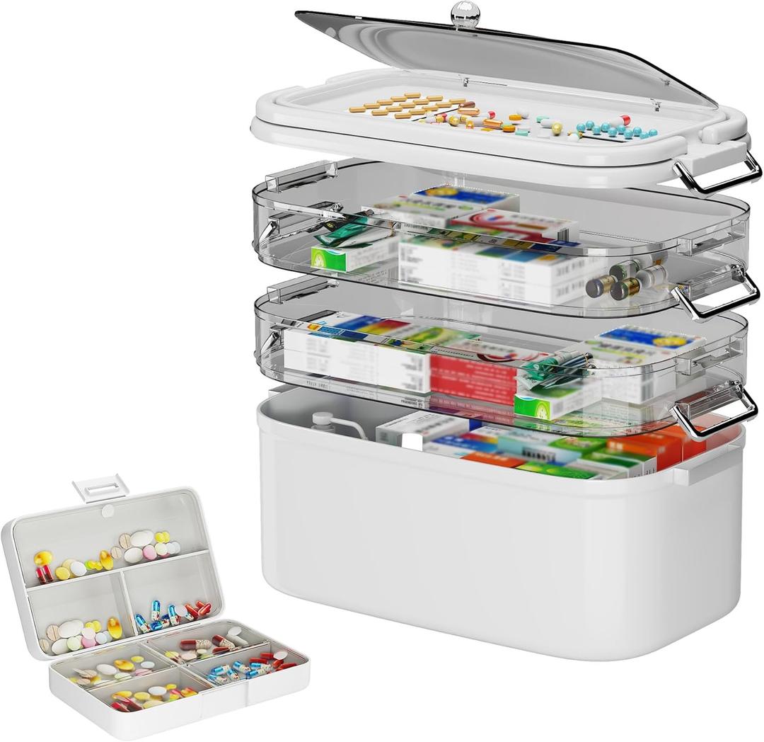 NiHome Home & Travel 4-Tier Medicine Storage Box with Portable Pill Case, Durable Adjustable Compartments, Moisture-Resistant Lid, Secure Handles for Pill Organization, Vitamins, Supplements (White)
