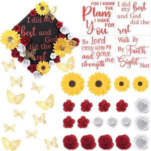 Suncalla 36 Pcs Red DIY Graduation Cap Decorations Kit, 20 Roses Sunflower Flower Heads 4 Inspirational Quote Glitter Stickers 12 3D Butterfly for Grad Cap Topper DIY Art Gift