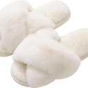 Evshine Women's Fuzzy Slippers Cross Band Memory Foam House Slippers Open Toe (5-6.5, White)