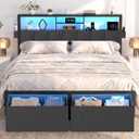 Full Size Bed Frame with LED Lights, Storage Drawers and Charging Station, Upholstered Headboard with 2‑Tier Shelves, Heavy Duty Metal Platform, No Box Spring Needed, Noise Free, Easy Assembly