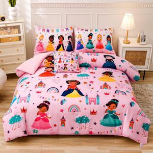 6 Pieces Pink Princess Comforter Set for Girls Twin,Bed in A Bag Princess Bedding Set for Girl Kids (1 Comforter,1 Flat Sheet,1 Fitted Sheet,2 Pillowcases and 1 Cushion Cover)