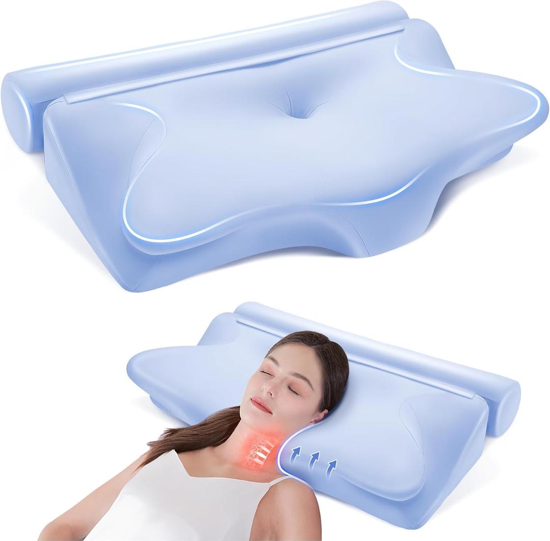 2-in-1 Cervical Neck Pillow for Neck Pain Relief, Memory Foam Pillows, Contour Pillow with Cooling Pillowcase for Side Sleepers, Removable Round Pillow for Back Lumbar Support Neck Traction (Light Blue)