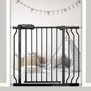 34-38.5 Inch Walk Through Baby & Dog Gate, No Drill Pressure Mounted, Expandable Safety Gate for Kitchen & Living Room, Black Metal with Extension Kit (34"-38.5"/86-98CM)