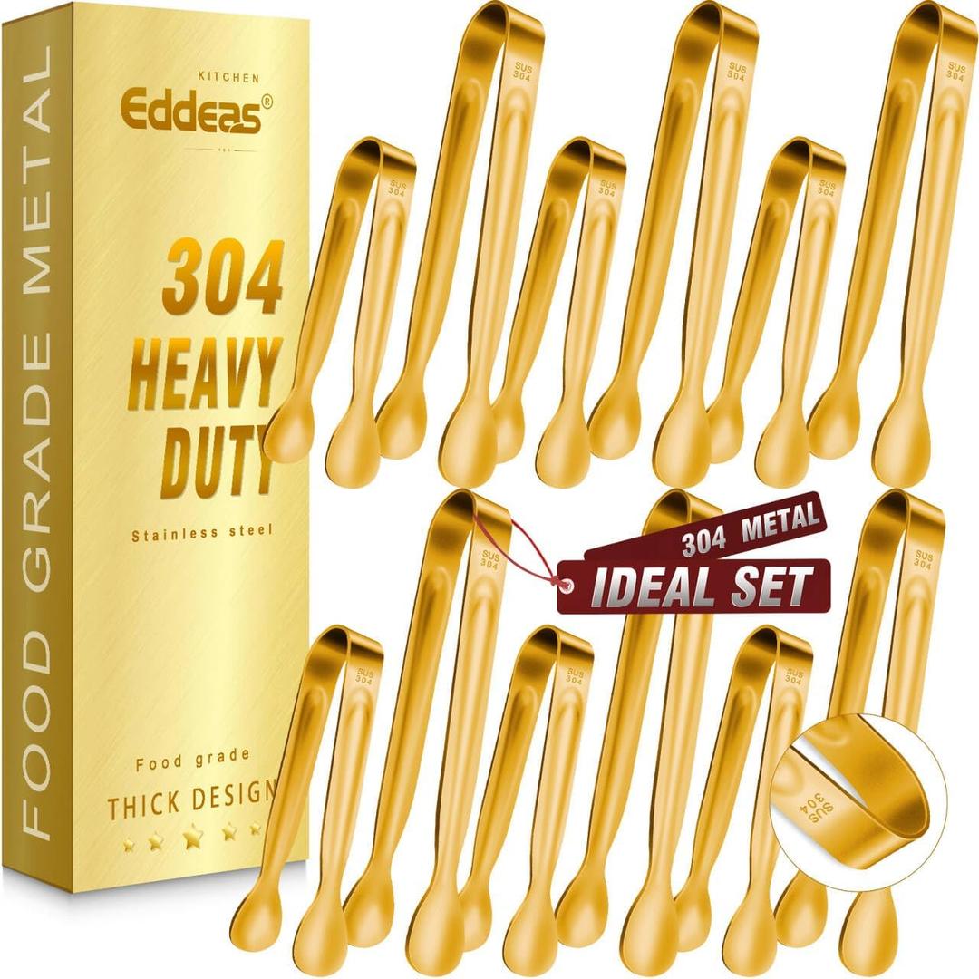 12PCS Mini Tongs For Serving, 2 Sizes 6 & 4 Inch Ice Tongs Mini Gold Sugar Stainless Steel Tong, Small Kitchen Tiny Food Tongs for Appetizers,Tea Party, Coffee Bar, Desserts & Ice Bucket