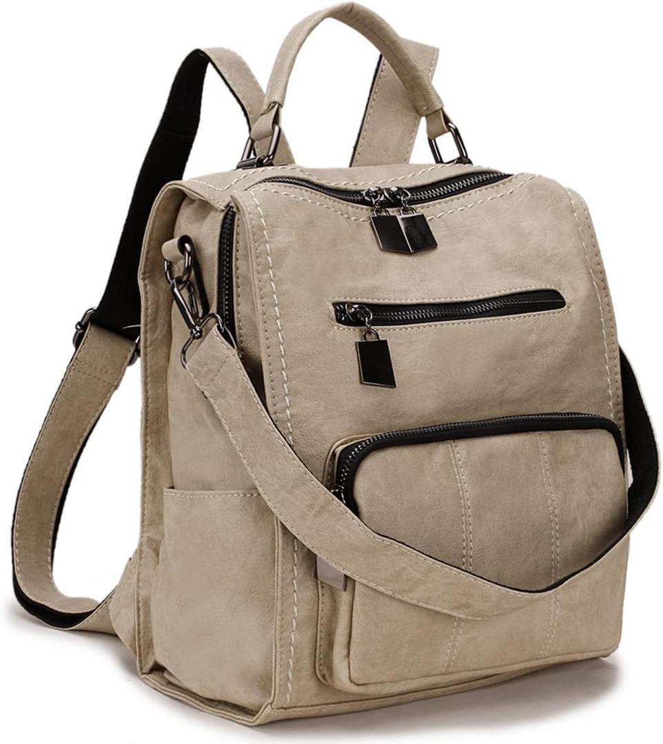 RAVUO Backpack Purse for Women, Fashion Leather Handbags Designer Convertible Satchel Ladies Shoulder Bag 3 Ways to Carry (Beige)