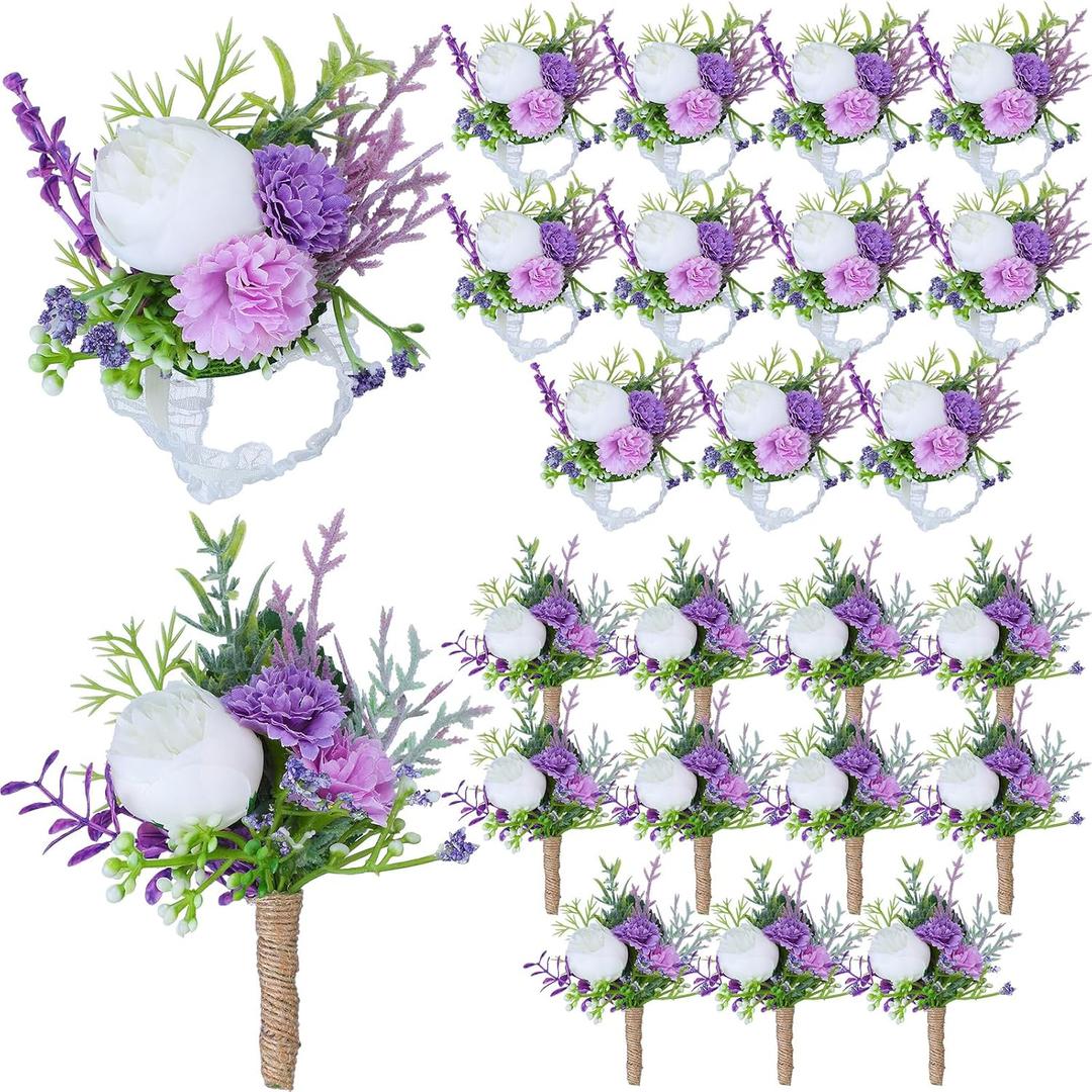 24 Pcs Wedding Corsage and Boutonniere Set Artificial Rose Wedding Corsage Wristband with Pins for Prom Men Bride Party Accessories Groom Groomsmen Bridesmaids Women (Classic,Purple)