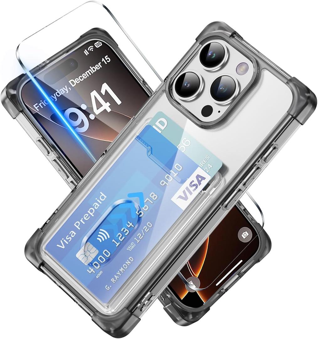 for iPhone 16 Pro Max Wallet Clear Case with Card Holder + 1 Screen Protector, Heavy Duty Protection Shockproof Anti-Yellow Protective Cover for iPhone 16 Pro Max 6.9 (Black)