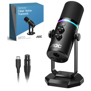 AOC USB/XLR Dynamic Microphone for Podcast Recording, PC Computer Gaming Streaming Mic with RGB Light, Mute Button, Headphones Jack, Desktop Stand, Vocal Mic for Singing YouTube, Black