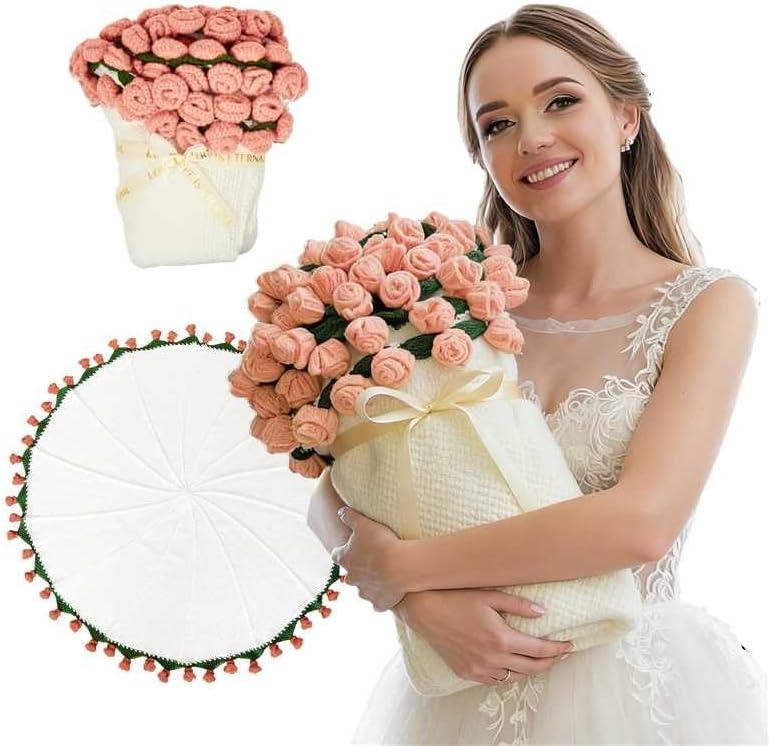 Handmade Crochet Blanket with 68Handmade Flowers, 43.31 Inch Diameter Convertible Bouquet Throw Blanket for Sofa Bed Couch, Valentine's Day Gift (PinkRose, 43.31inch)
