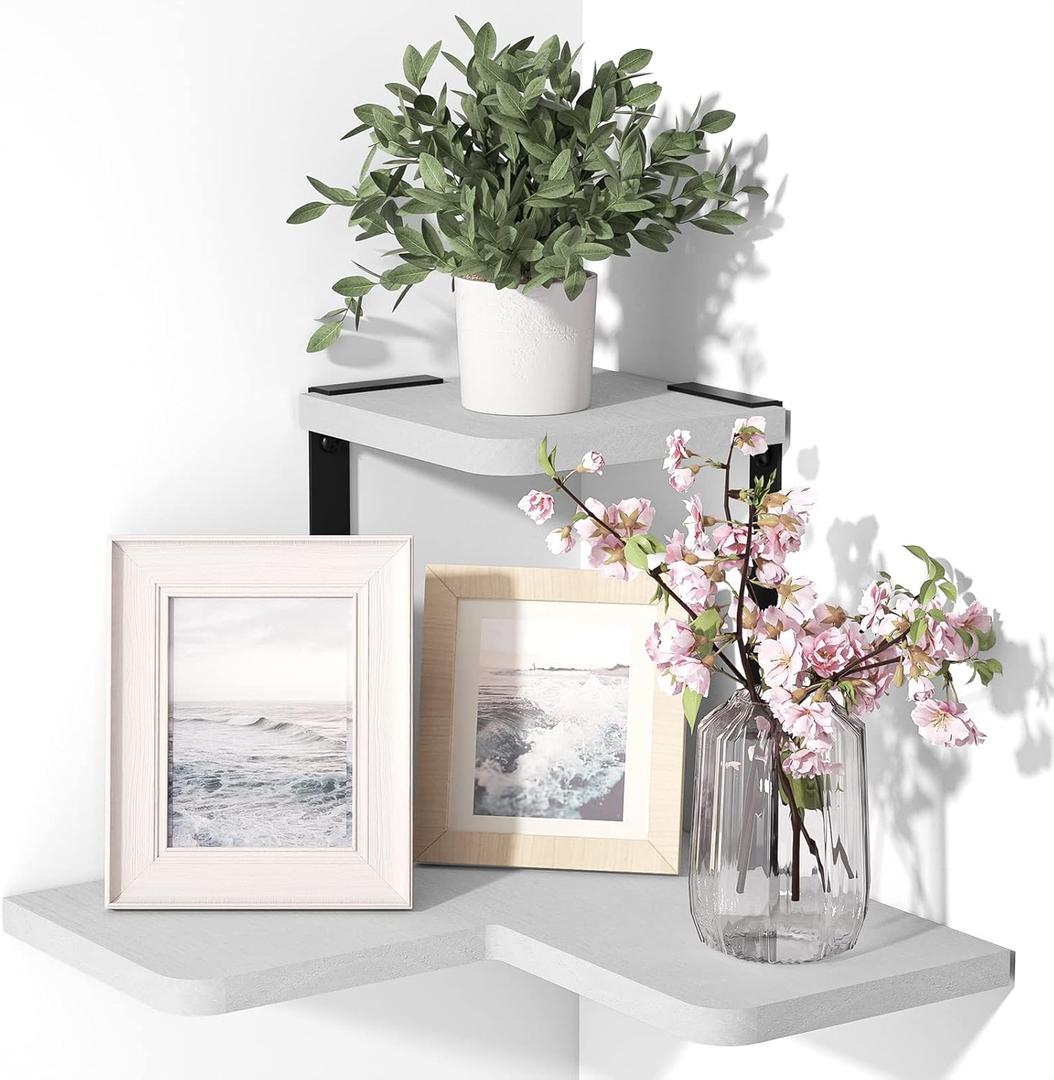 SRIWATANA Corner Shelf, Rustic Wood Wall Shelf Wall Mounted for Bedroom, Living Room, Kitchen, White