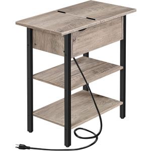 HOOBRO Side Table, Flip End Table with Charging Station and Shelves, USB Ports & Power Outlets, Narrow Nightstand for Small Spaces, Living Room, Stable and Sturdy, Greige and Black BG341BZ01