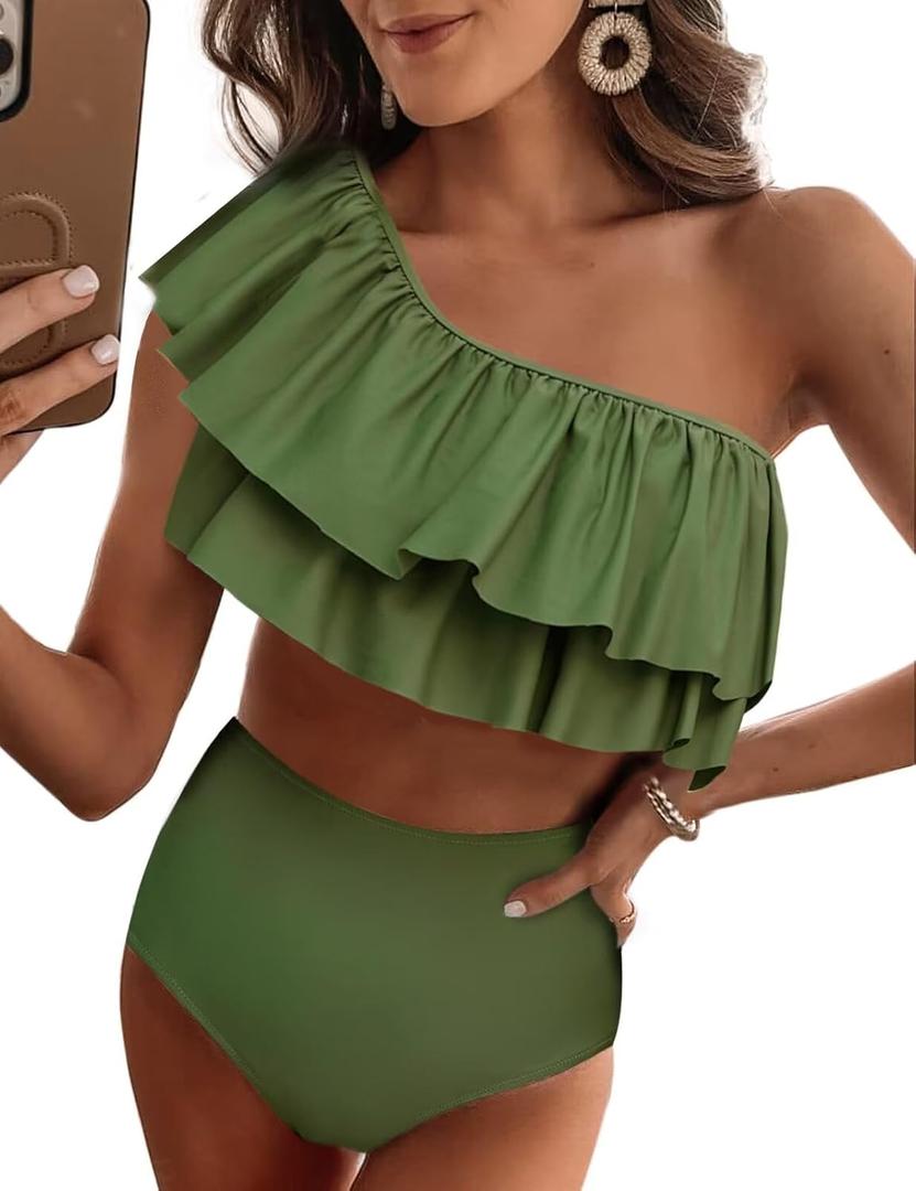 VIMPUNEC Ruffle One Shoulder Swimsuits for Women Cute High Waisted Two Piece Bathing Suits