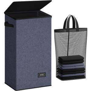 SOLEDI Laundry Hamper with Lid 100L Large & Tall Collapsible Laundry Basket, Clothes Hamper with Bag Removable Easy to Carry, Dirty Hampers for Bedroom, Bathroom, Dorm, College, Navy Blue