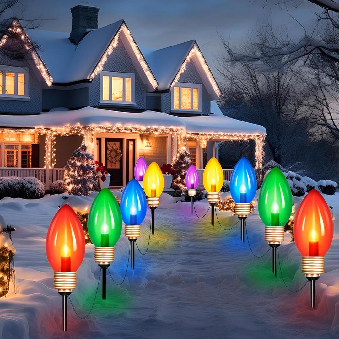 Jumbo C9 Christmas Pathway Lights Outdoor, 2Pack 17Ft Outdoor Christmas Walkway String Lights with 10 LED Jumbo C9 Multicolor Light Bulbs Lights Outdoors for Lawn Holiday Garden Decor