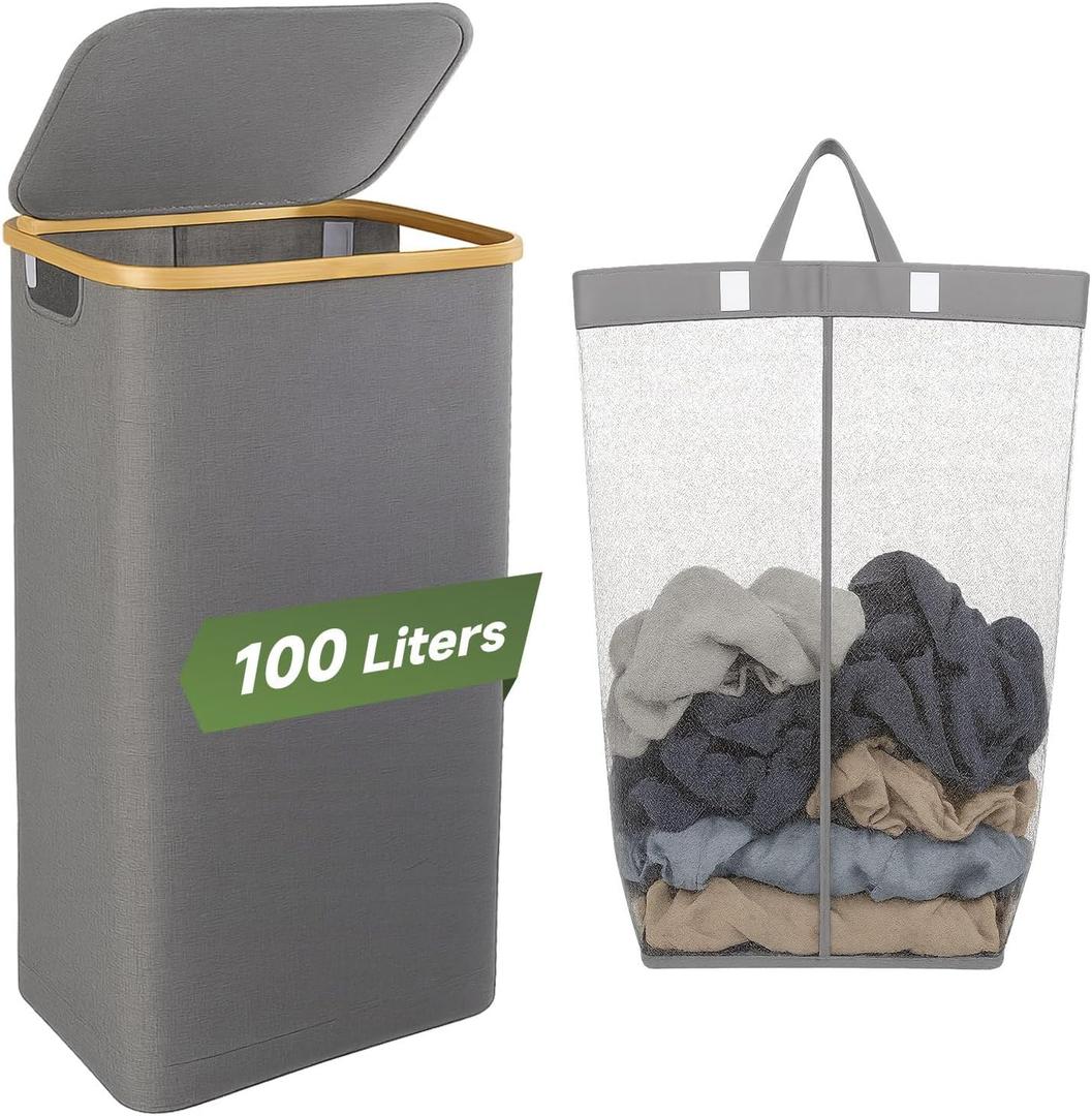 100L Foldable Laundry Basket with Lid, Dirty Clothes Hamper for Dormitories and Gyms | Laundry Hamper with Removable Bag, Gray