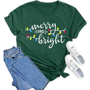 MAIHUN Christmas Shirts Womens Merry and Bright Shirt Xmas Holiday Tshirt Christmas Lights Tee Tops (XX-Large, Green)