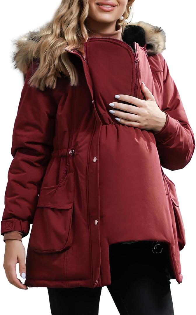 Maacie Maternity Winter Coat,3 In 1 Thickened Jacket,Fleece Lined Warm Hooded Outwear With Pockets (Medium, Wine Red)