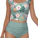 Eomenie Tankini Swimsuits for Women Ruched Tummy Control Bathing Suit Two Piece Swim Tank Top with High Waisted Bottom Green Floral, M