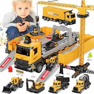Construction Toys Truck Crane for Kids - Truck Race Track Kids Toy Eject Car Set Excavator Bulldozer Dump Trucks Cement Truck Vehicle Easter Christmas Birthday 2+ 3 4 5 6 7 8 Years Old Boy Girl Gift