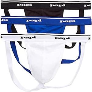 papi Men's 3-Pack Jockstrap, Athletic Supporter, Breathable Male Workout Underwear (Large, Black/White/Blue)