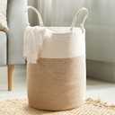 Laundry Basket  Laundry Hamper for Clothes, Blankets, Yoga Mat  Woven Cotton Rope Basket for Living Room, Nursery Room  Boho Style 15D x 18H  White & Beige Brown (Small)