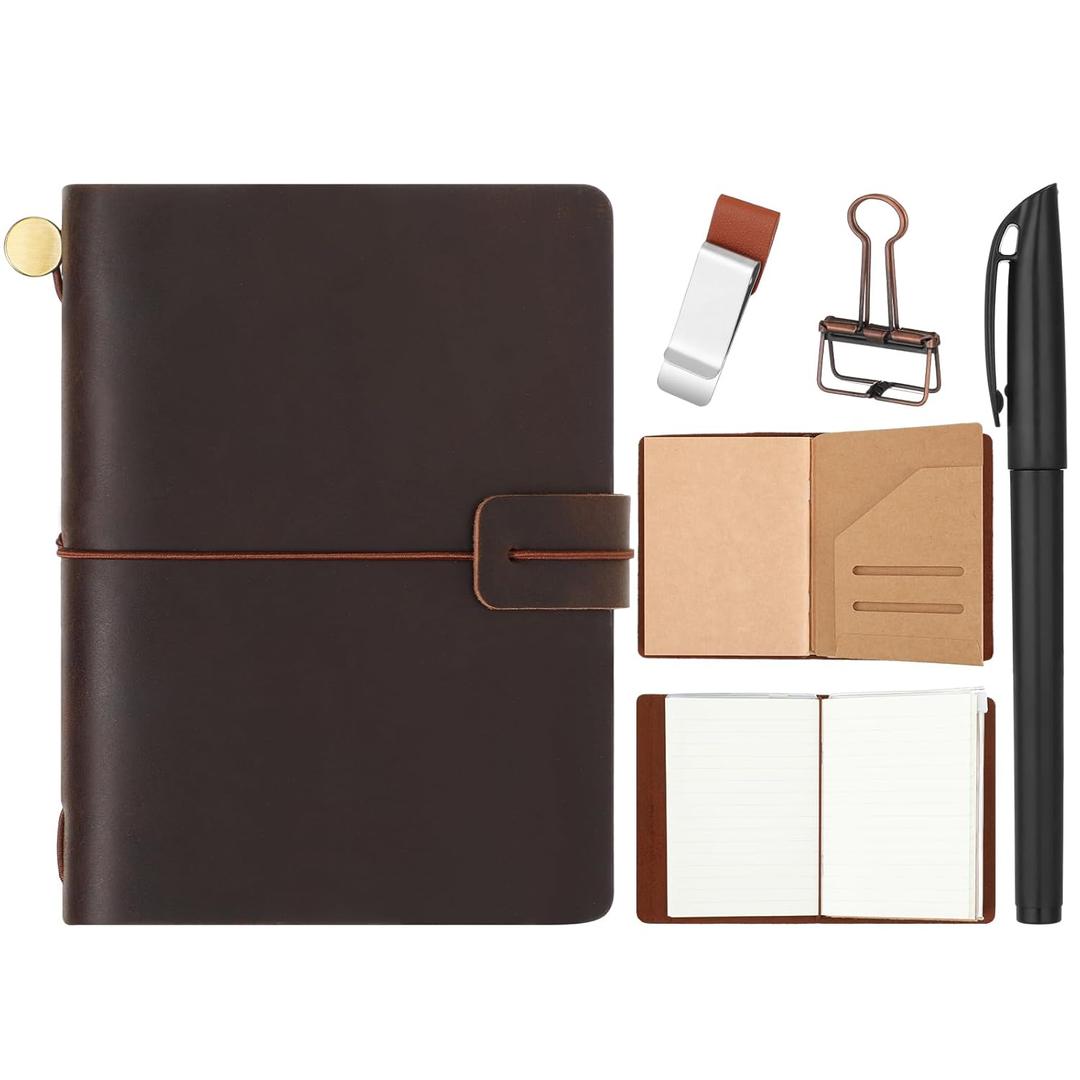 Thenshop Travelers Refillable Leather Journal Notebook Travel Diary Handmade Passport Travelers Journal for Men and Women with 3 Notebook Inserts, Pen Holder, Binder Clip(Brown,5.3x 4.1 Inch)