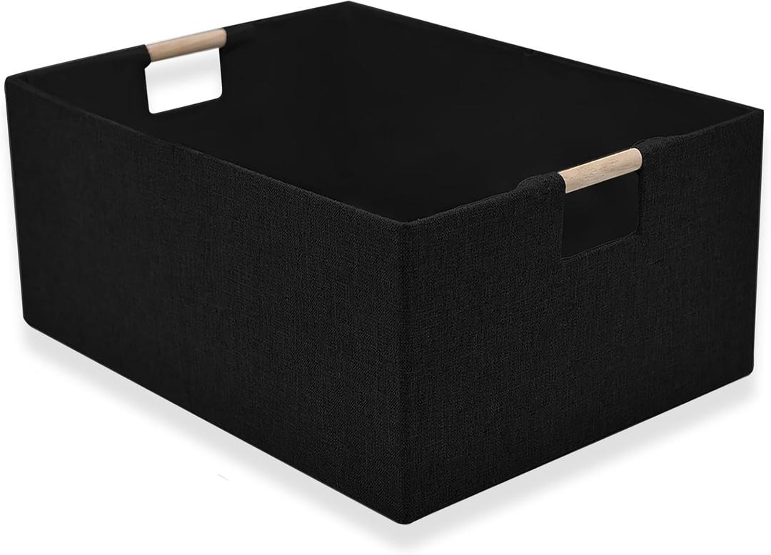 Fabric Storage Basket for Shelves, Collapsible Storage Bins with wood Handles, Rectangle Closet Baskets, Wardrobe Organiser, for Sorting Clothes, Family Items (Black) (1)