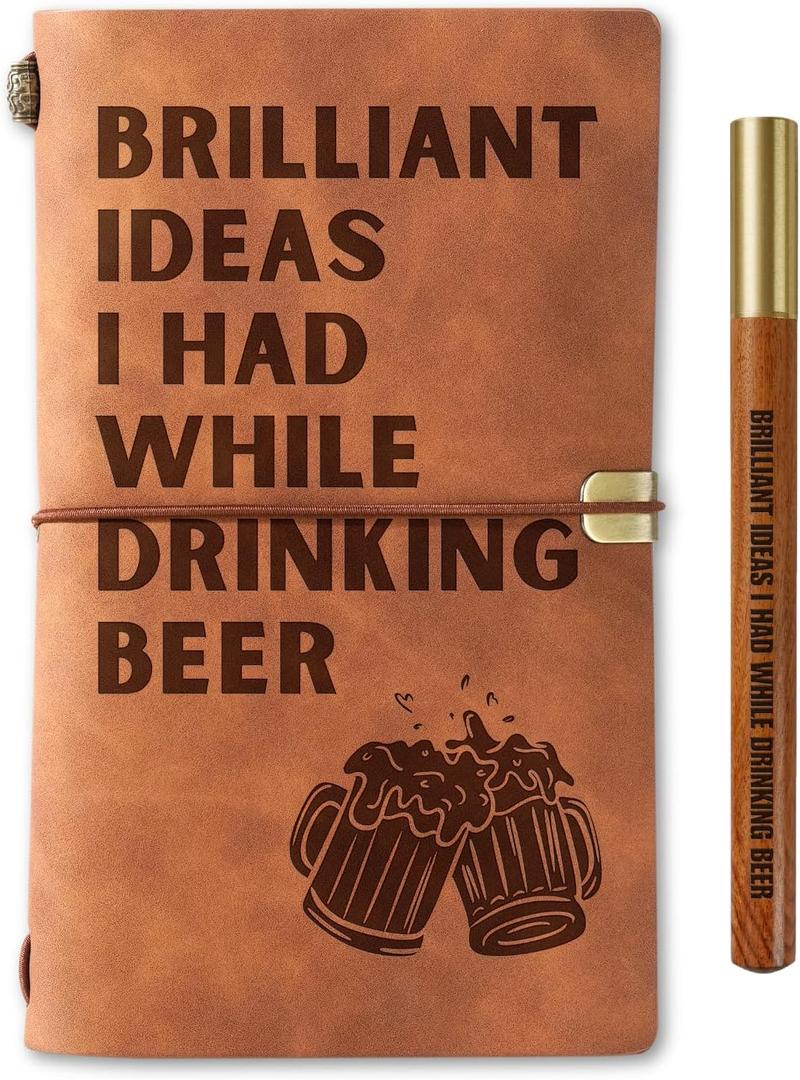 InnoBeta Beer gifts Leather Journal Notebook with Pen, for Beer Lovers, Men, Women on Birthday, Refillable Sketchbook, Travel Diary, Lined Planner, 7x5 Inches, Brown