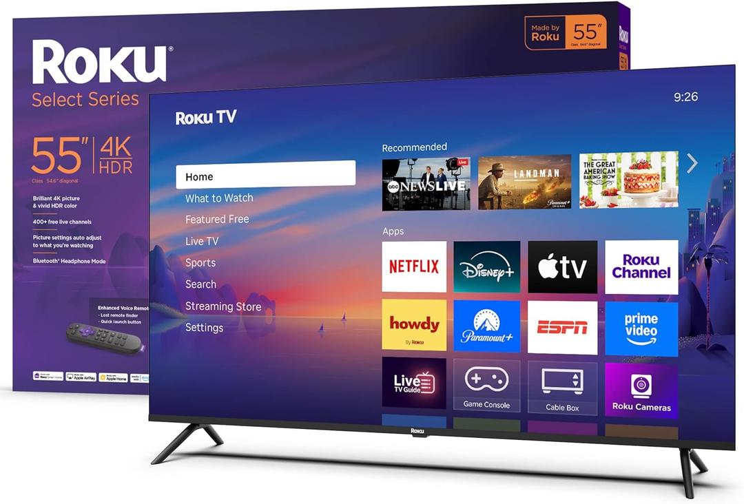 Roku Smart TV  55-Inch Select Series, 4K HDR TV  Roku TV with Enhanced Voice Remote  Flat Screen LED Television with Wi-Fi for Streaming Live Local News, Sports, Family Entertainment