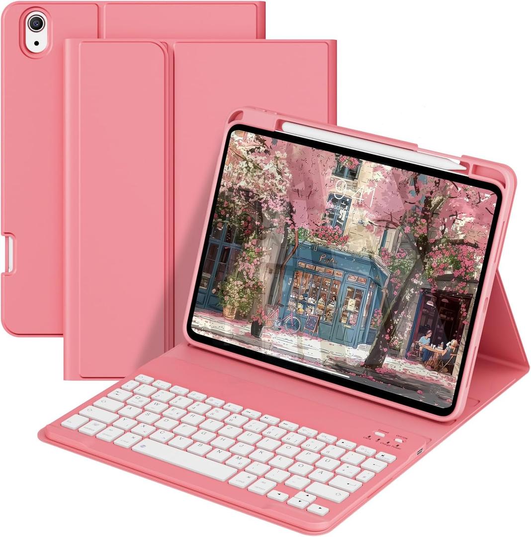 Case with Keyboard iPad A16 11th 10th Generation 11/10.9 Inch 2025/2022, Built-in Pen Holder, Folio Stand Cover, Removable Bluetooth, Quick Access Buttons, QWERTZ, Watermelon Red